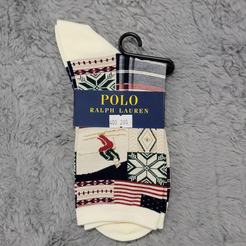 Polo Ralph Lauren Socks Womens 9-11 White Ski Flag Patchwork Mid Calf Japan